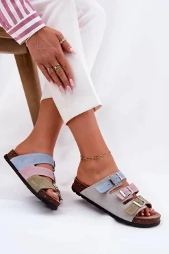 Panto Fino Klapki Damskie Klasyczne*Zamszowe Klapki Damskie Z Klamrami RR267034 Niebieskie