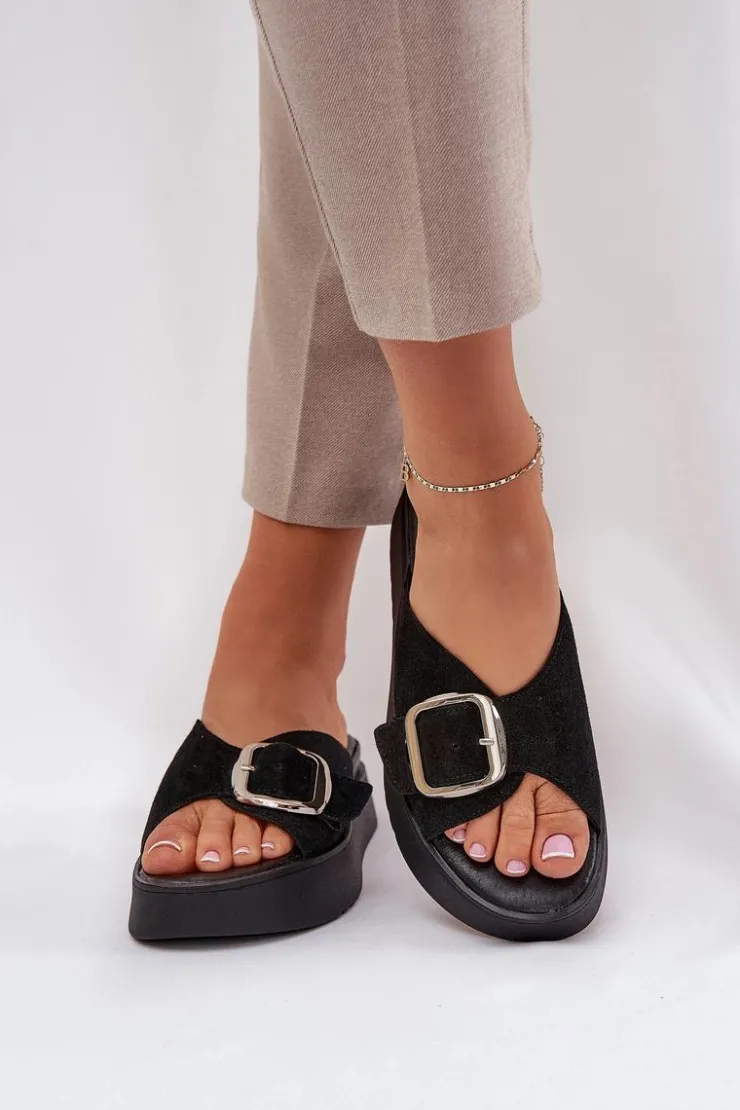 Damskie Zazoo Zamszowe Klapki Damskie Z Klamrą Na Platformie 3019 Czarne