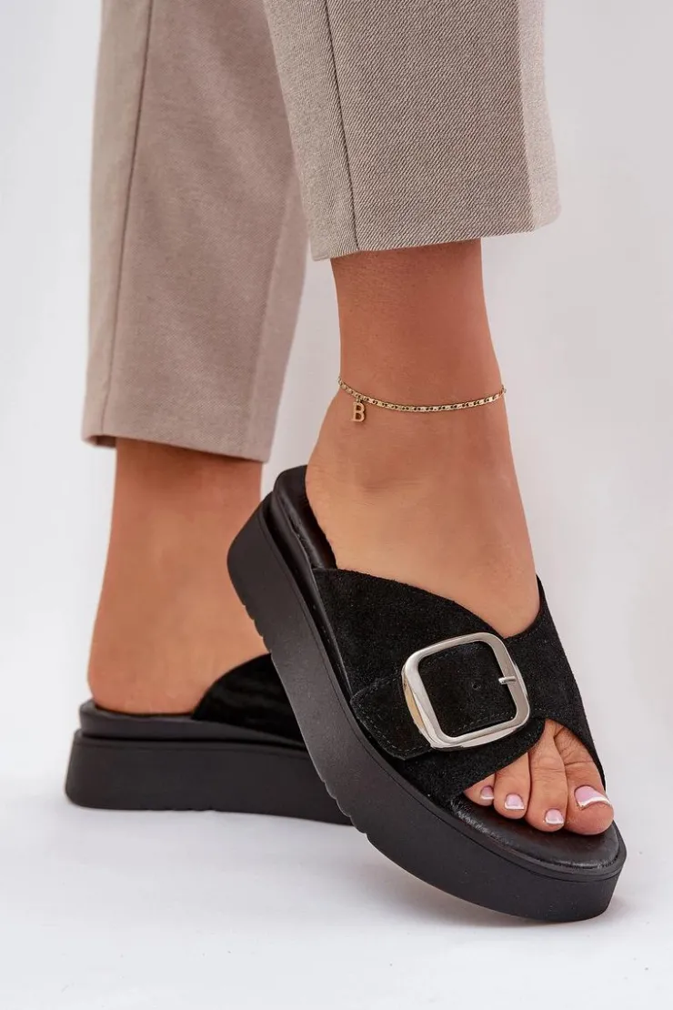 Damskie Zazoo Zamszowe Klapki Damskie Z Klamrą Na Platformie 3019 Czarne