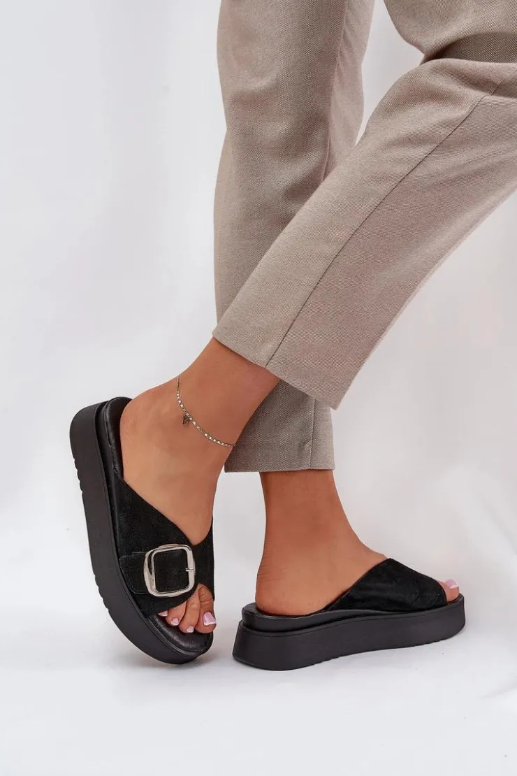 Damskie Zazoo Zamszowe Klapki Damskie Z Klamrą Na Platformie 3019 Czarne