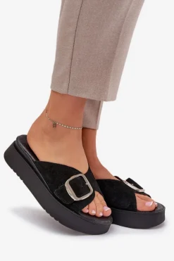 Damskie Zazoo Zamszowe Klapki Damskie Z Klamrą Na Platformie 3019 Czarne