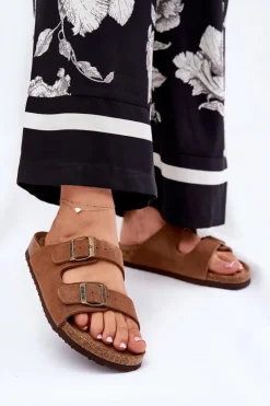 Big Star Shoes Klapki Damskie Big Star|Klapki Damskie Klasyczne*Zamszowe Klapki Damskie Z Klamrami Big Star RR274A394 Brązowe Brązowy