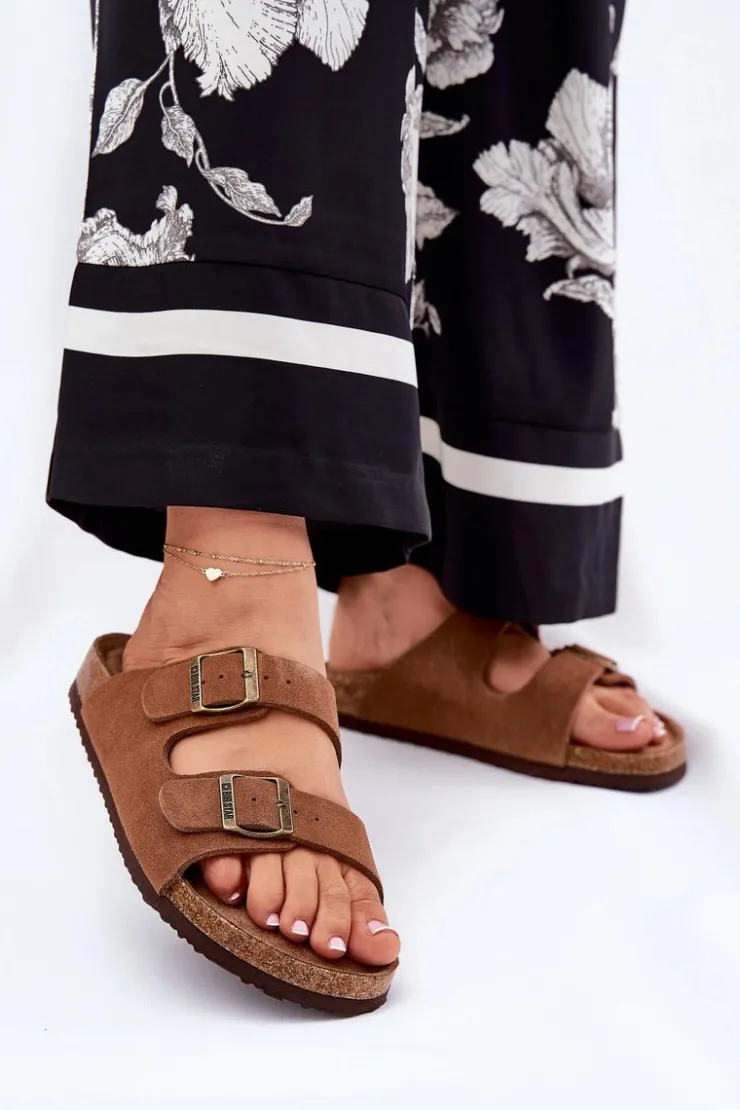 Big Star Shoes Klapki Damskie Big Star|Klapki Damskie Klasyczne*Zamszowe Klapki Damskie Z Klamrami Big Star RR274A394 Brązowe Brązowy