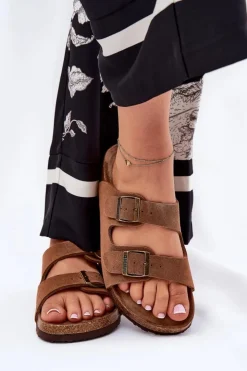 Big Star Shoes Klapki Damskie Big Star|Klapki Damskie Klasyczne*Zamszowe Klapki Damskie Z Klamrami Big Star RR274A394 Brązowe Brązowy