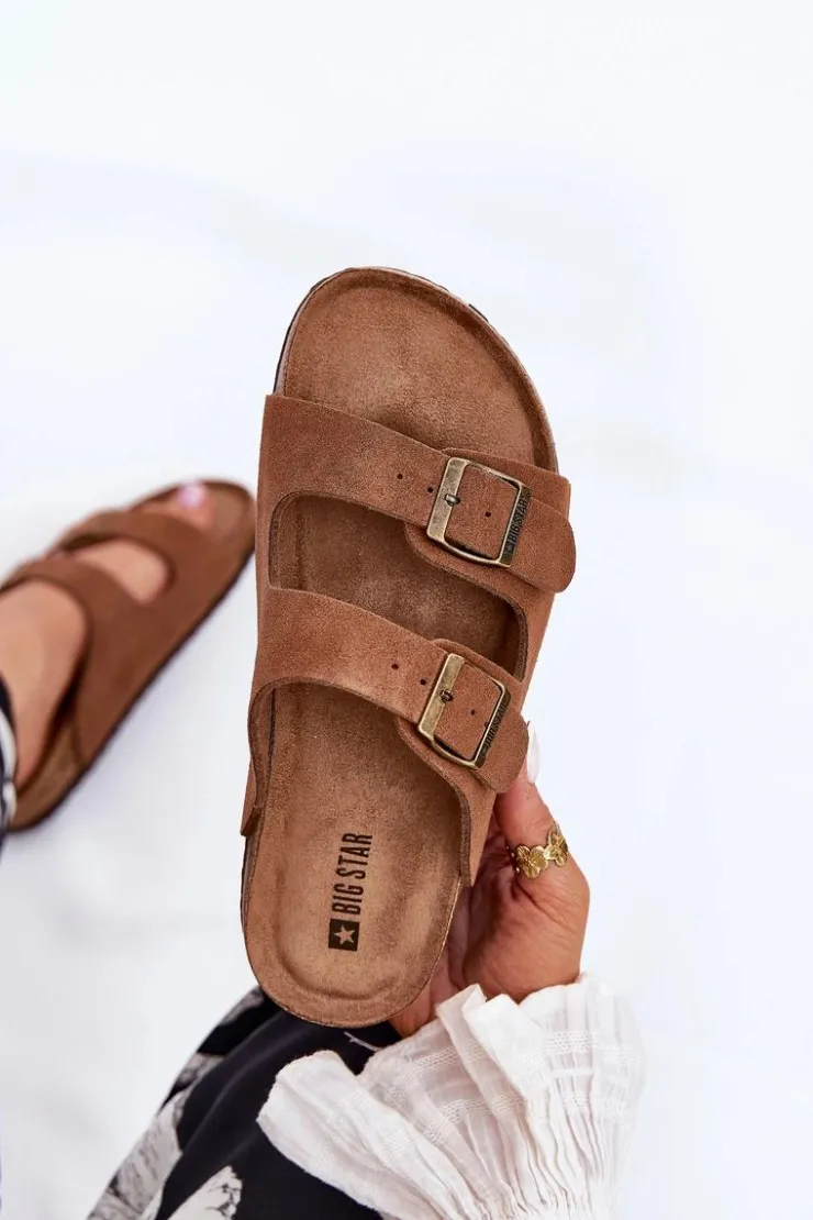 Big Star Shoes Klapki Damskie Big Star|Klapki Damskie Klasyczne*Zamszowe Klapki Damskie Z Klamrami Big Star RR274A394 Brązowe Brązowy