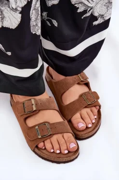 Big Star Shoes Klapki Damskie Big Star|Klapki Damskie Klasyczne*Zamszowe Klapki Damskie Z Klamrami Big Star RR274A394 Brązowe Brązowy