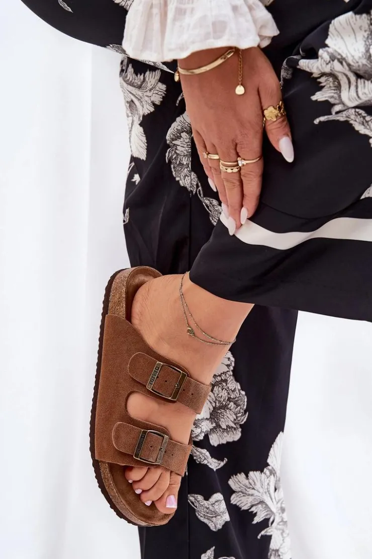 Big Star Shoes Klapki Damskie Big Star|Klapki Damskie Klasyczne*Zamszowe Klapki Damskie Z Klamrami Big Star RR274A394 Brązowe Brązowy