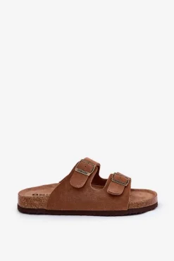 Big Star Shoes Klapki Damskie Big Star|Klapki Damskie Klasyczne*Zamszowe Klapki Damskie Z Klamrami Big Star RR274A394 Brązowe Brązowy