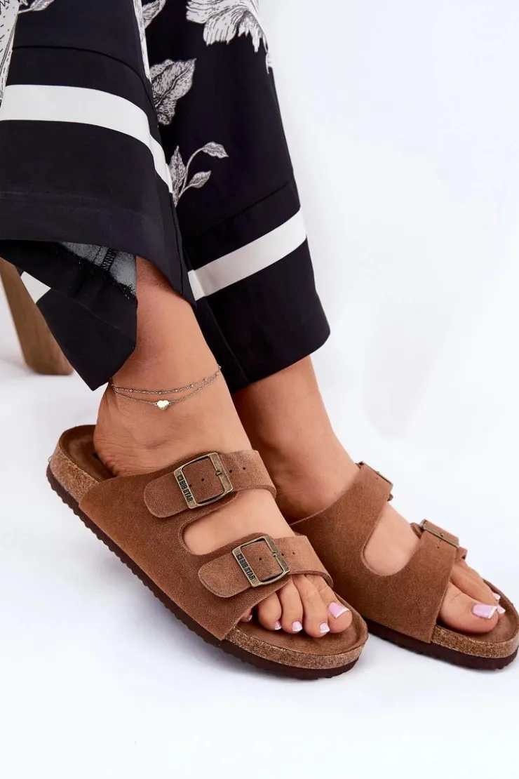 Big Star Shoes Klapki Damskie Big Star|Klapki Damskie Klasyczne*Zamszowe Klapki Damskie Z Klamrami Big Star RR274A394 Brązowe Brązowy
