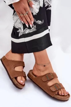 Big Star Shoes Klapki Damskie Big Star|Klapki Damskie Klasyczne*Zamszowe Klapki Damskie Z Klamrami Big Star RR274A394 Brązowe Brązowy