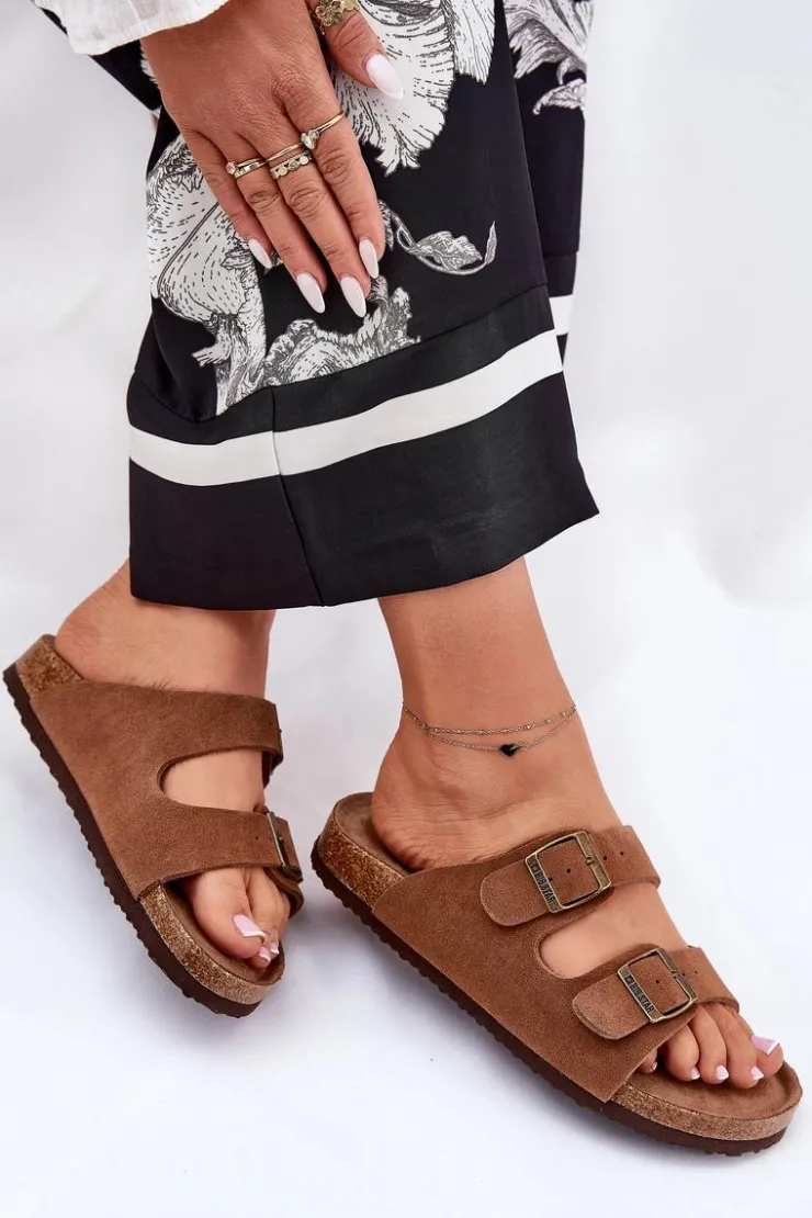 Big Star Shoes Klapki Damskie Big Star|Klapki Damskie Klasyczne*Zamszowe Klapki Damskie Z Klamrami Big Star RR274A394 Brązowe Brązowy