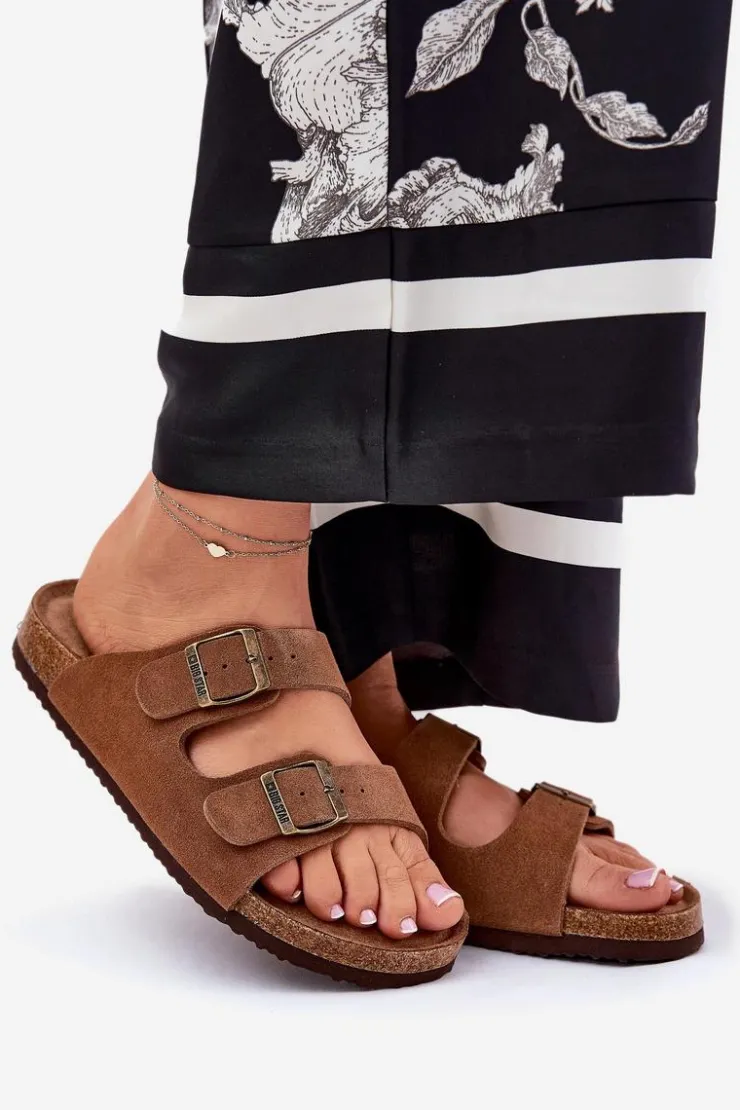 Big Star Shoes Klapki Damskie Big Star|Klapki Damskie Klasyczne*Zamszowe Klapki Damskie Z Klamrami Big Star RR274A394 Brązowe Brązowy