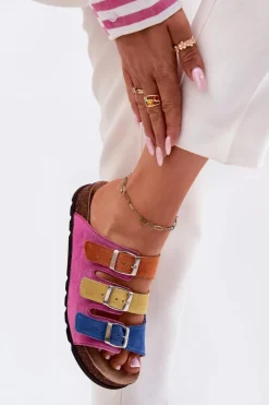 Online Panto Fino Zamszowe Klapki Damskie Z Klamrami RR267033 Fuksja