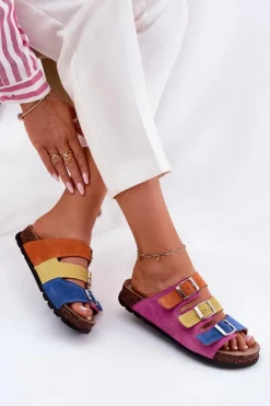 Online Panto Fino Zamszowe Klapki Damskie Z Klamrami RR267033 Fuksja