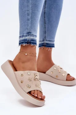 Buty damskie Vinceza Klapki Na Platformie|Klapki Damskie Klasyczne*Zamszowe Klapki Damskie Z Przypinkami Vinceza 66741 Beżowe Beżowy