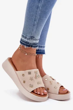 Buty damskie Vinceza Klapki Na Platformie|Klapki Damskie Klasyczne*Zamszowe Klapki Damskie Z Przypinkami Vinceza 66741 Beżowe Beżowy