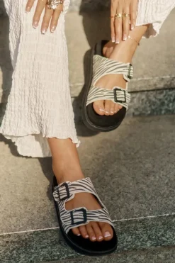 Outlet D.Franklin Zamszowe Klapki Damskie Z Klamrami DFSH405002 Zebra