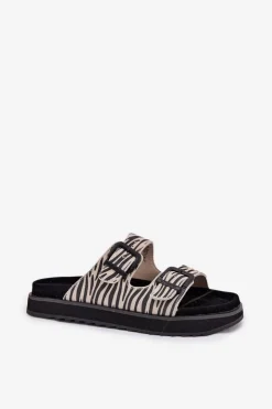 Outlet D.Franklin Zamszowe Klapki Damskie Z Klamrami DFSH405002 Zebra