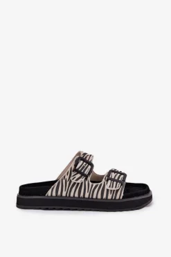 Outlet D.Franklin Zamszowe Klapki Damskie Z Klamrami DFSH405002 Zebra