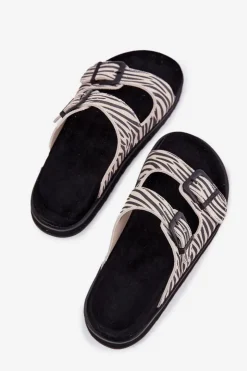 Outlet D.Franklin Zamszowe Klapki Damskie Z Klamrami DFSH405002 Zebra