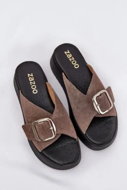 Hot Zazoo Zamszowe Klapki Damskie Z Klamrą Na Platformie 3019 Brązowe Brązowy