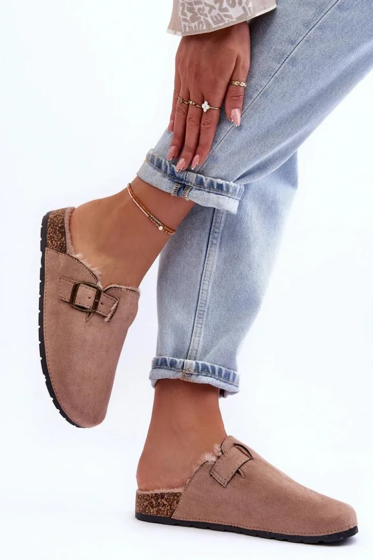 Damskie Boto Zamszowe Klapki Damskie Z Futerkiem Beżowe Haidamia