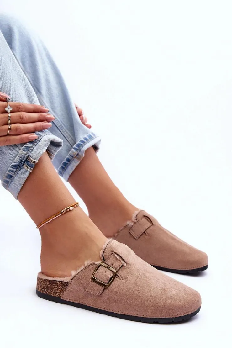 Damskie Boto Zamszowe Klapki Damskie Z Futerkiem Beżowe Haidamia