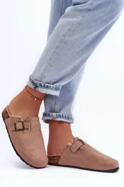 Damskie Boto Zamszowe Klapki Damskie Z Futerkiem Beżowe Haidamia