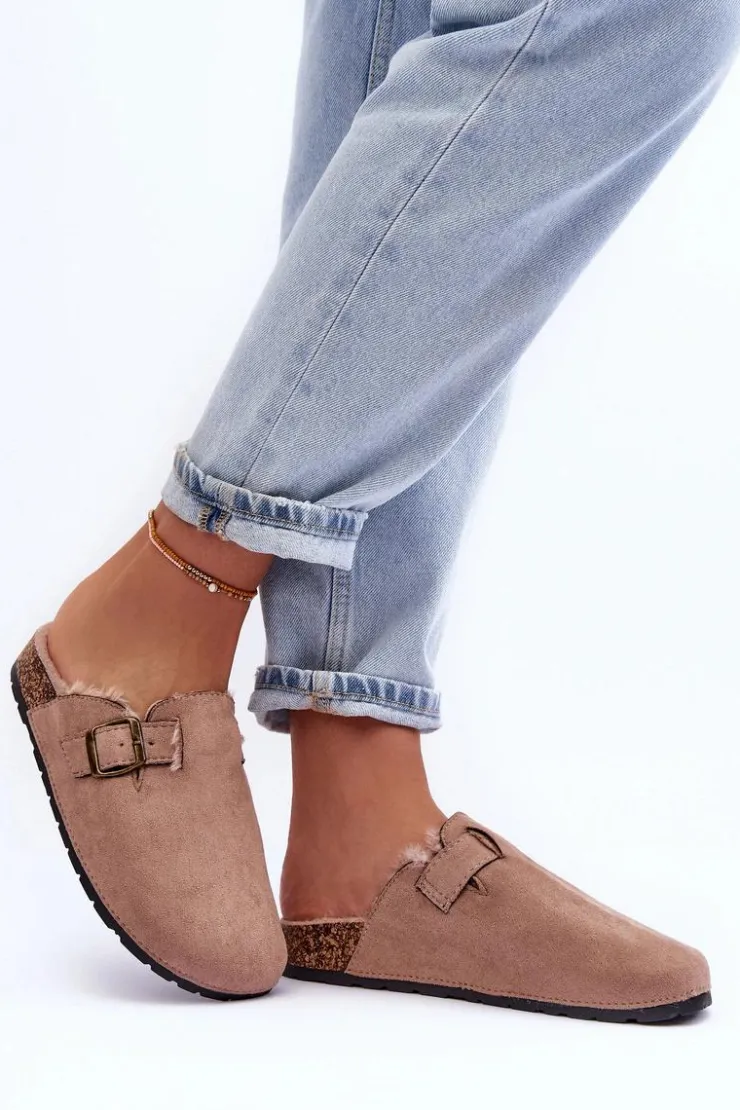 Damskie Boto Zamszowe Klapki Damskie Z Futerkiem Beżowe Haidamia