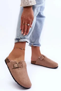 Damskie Boto Zamszowe Klapki Damskie Z Futerkiem Beżowe Haidamia