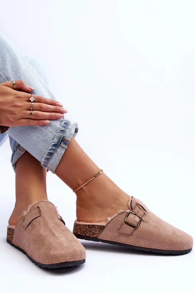 Damskie Boto Zamszowe Klapki Damskie Z Futerkiem Beżowe Haidamia