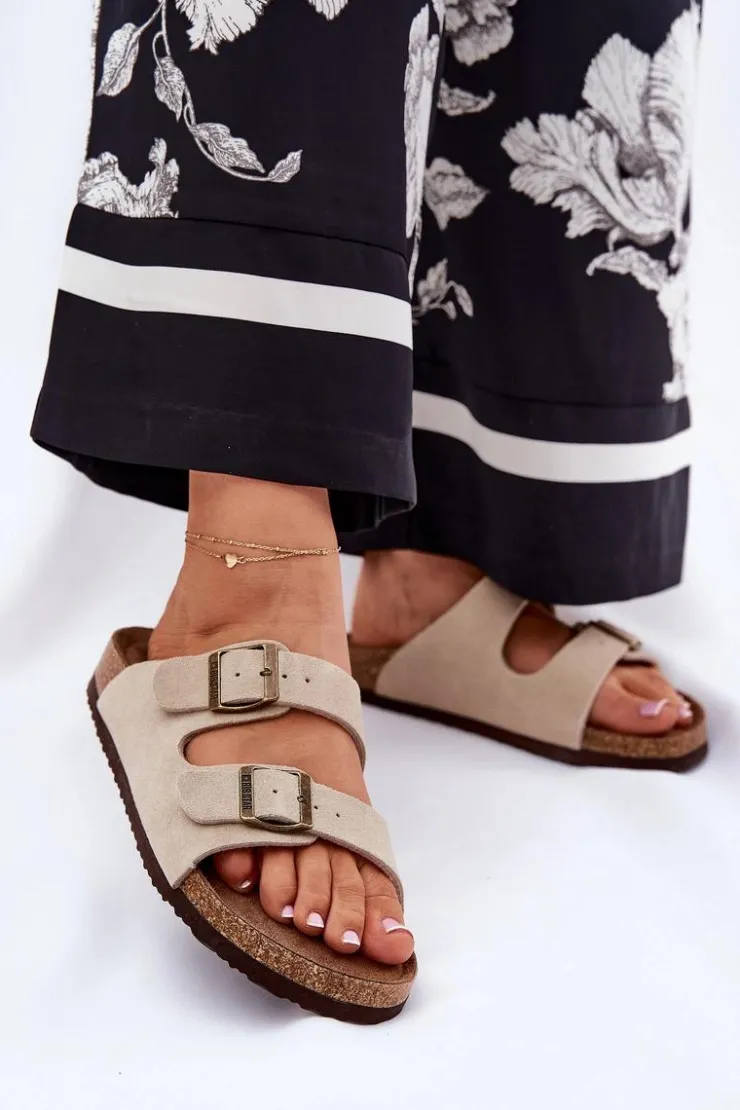 Damskie Big Star Shoes Zamszowe Klapki Damskie Z Klamrami Big Star RR274A391 Beżowe