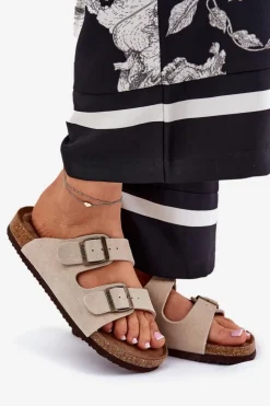 Damskie Big Star Shoes Zamszowe Klapki Damskie Z Klamrami Big Star RR274A391 Beżowe