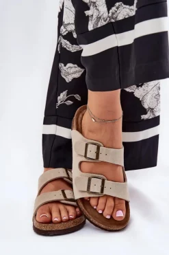 Damskie Big Star Shoes Zamszowe Klapki Damskie Z Klamrami Big Star RR274A391 Beżowe