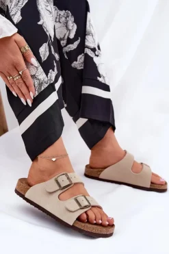 Damskie Big Star Shoes Zamszowe Klapki Damskie Z Klamrami Big Star RR274A391 Beżowe