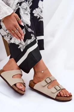 Damskie Big Star Shoes Zamszowe Klapki Damskie Z Klamrami Big Star RR274A391 Beżowe