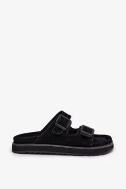 Damskie D.Franklin Zamszowe Klapki Damskie Z Klamrami DFSH405001 Czarne