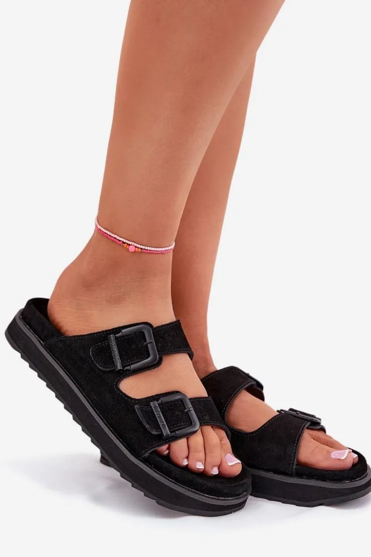 Damskie D.Franklin Zamszowe Klapki Damskie Z Klamrami DFSH405001 Czarne