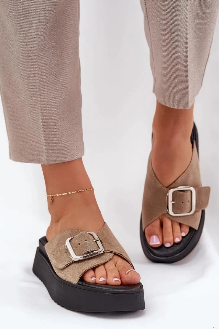 Zazoo Klapki Damskie Klasyczne*Zamszowe Klapki Damskie Z Klamrą Na Platformie 3019 Beżowe Beżowy