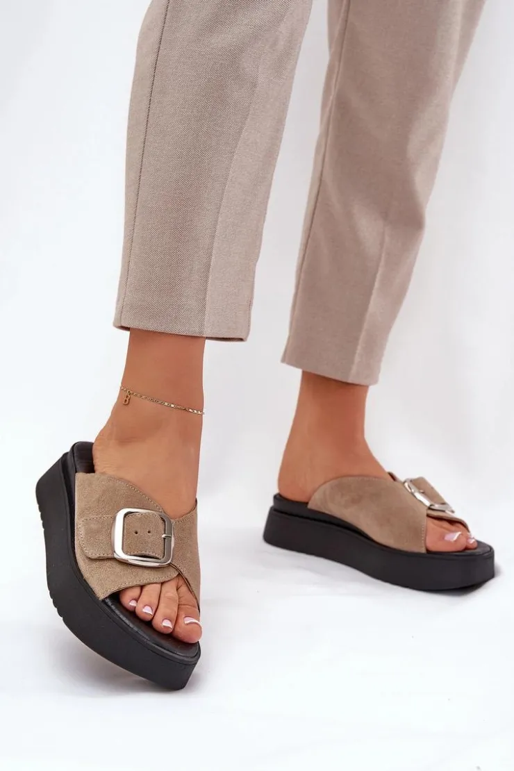 Zazoo Klapki Damskie Klasyczne*Zamszowe Klapki Damskie Z Klamrą Na Platformie 3019 Beżowe Beżowy