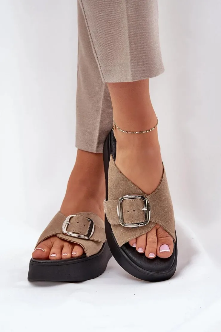 Zazoo Klapki Damskie Klasyczne*Zamszowe Klapki Damskie Z Klamrą Na Platformie 3019 Beżowe Beżowy