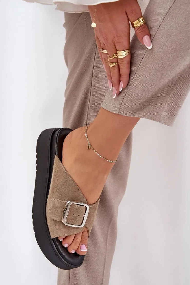 Zazoo Klapki Damskie Klasyczne*Zamszowe Klapki Damskie Z Klamrą Na Platformie 3019 Beżowe Beżowy