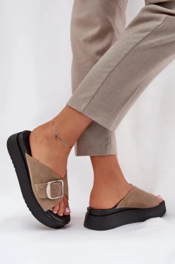 Zazoo Klapki Damskie Klasyczne*Zamszowe Klapki Damskie Z Klamrą Na Platformie 3019 Beżowe Beżowy