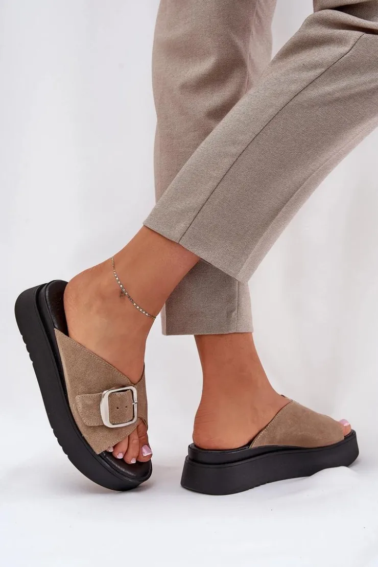 Zazoo Klapki Damskie Klasyczne*Zamszowe Klapki Damskie Z Klamrą Na Platformie 3019 Beżowe Beżowy