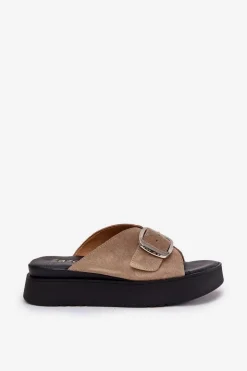 Zazoo Klapki Damskie Klasyczne*Zamszowe Klapki Damskie Z Klamrą Na Platformie 3019 Beżowe Beżowy