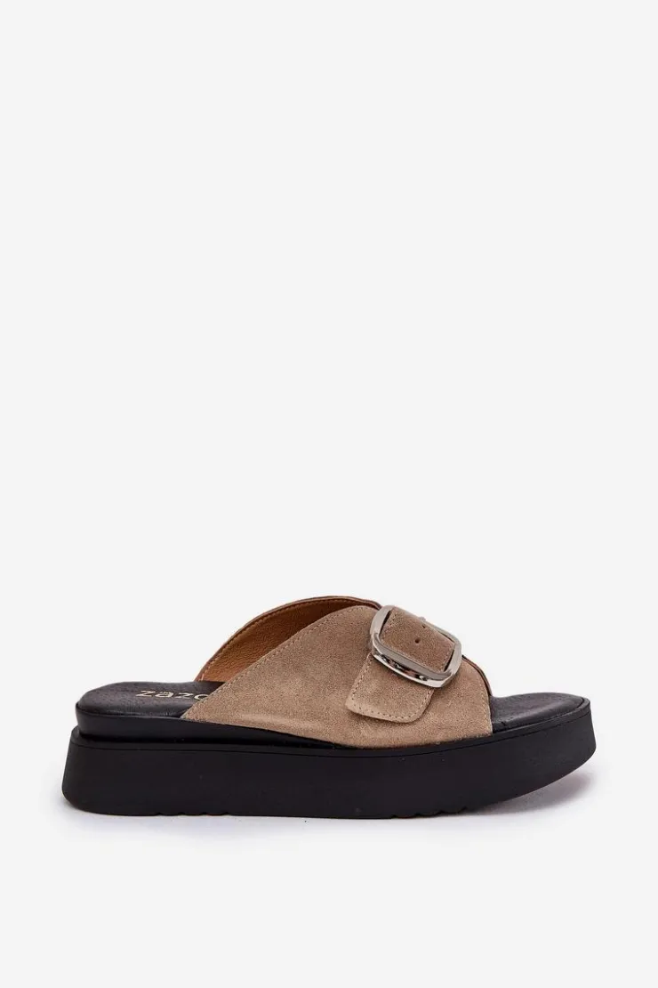 Zazoo Klapki Damskie Klasyczne*Zamszowe Klapki Damskie Z Klamrą Na Platformie 3019 Beżowe Beżowy