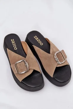 Zazoo Klapki Damskie Klasyczne*Zamszowe Klapki Damskie Z Klamrą Na Platformie 3019 Beżowe Beżowy