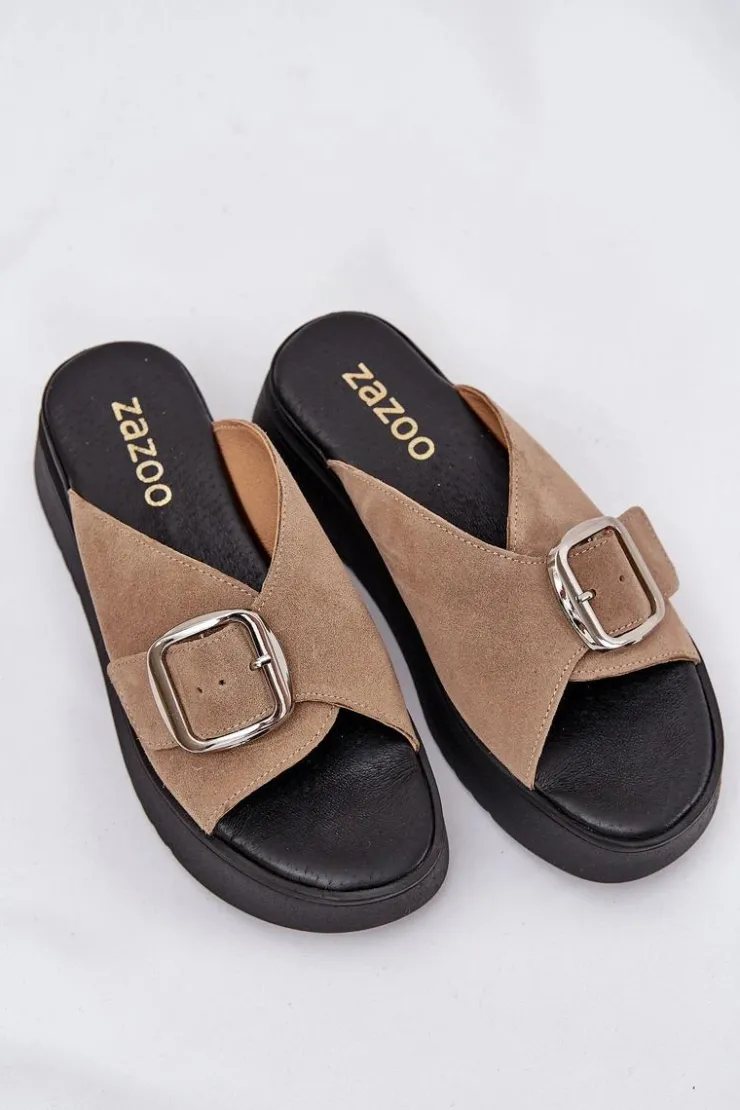 Zazoo Klapki Damskie Klasyczne*Zamszowe Klapki Damskie Z Klamrą Na Platformie 3019 Beżowe Beżowy