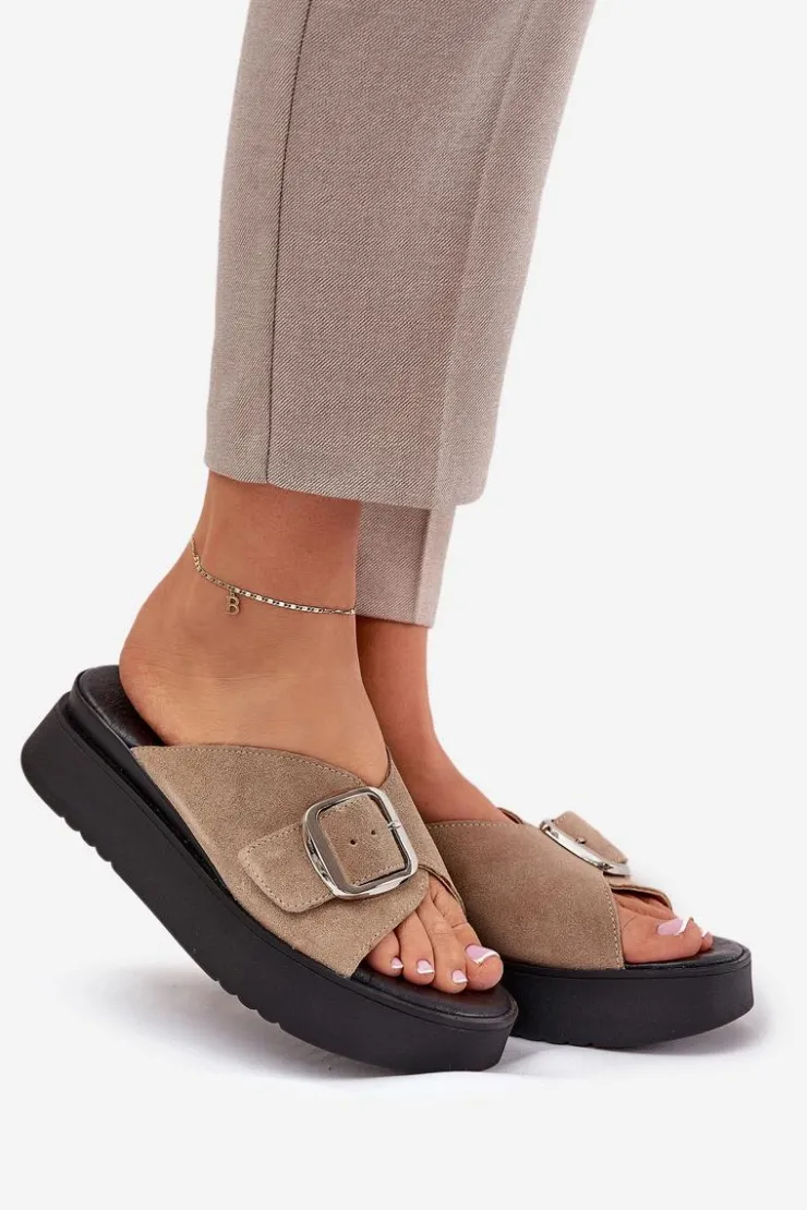 Zazoo Klapki Damskie Klasyczne*Zamszowe Klapki Damskie Z Klamrą Na Platformie 3019 Beżowe Beżowy