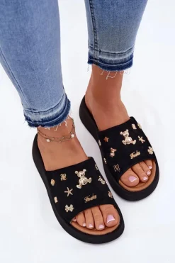 Buty damskie Vinceza Zamszowe Klapki Damskie Z Przypinkami Vinceza 66741 Czarne Czarny